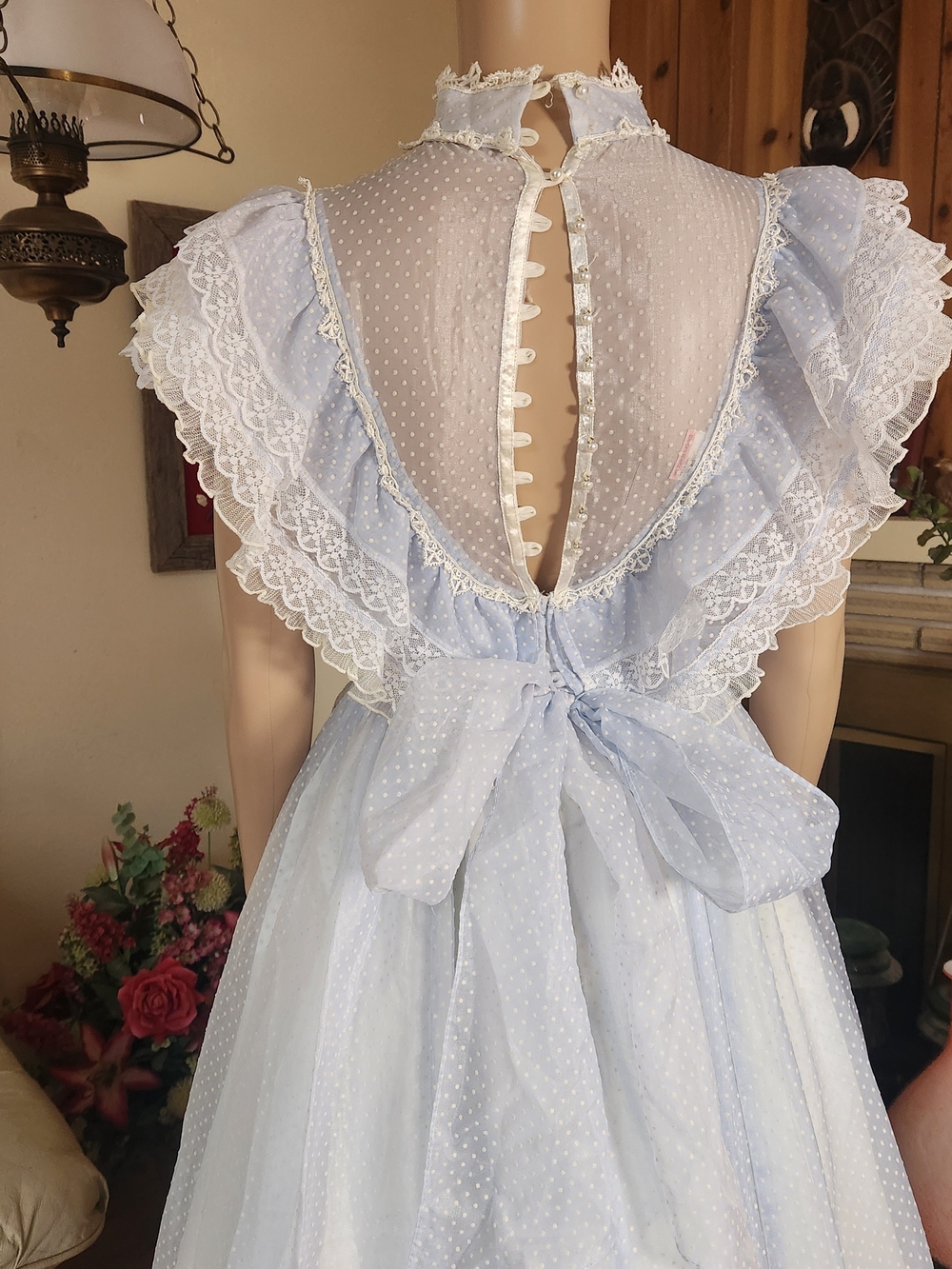 Vtg Gunne Sax Light Blue Dotted Swiss Prairie Maxi Dress | XS | Near Mint - Picture 11 of 12